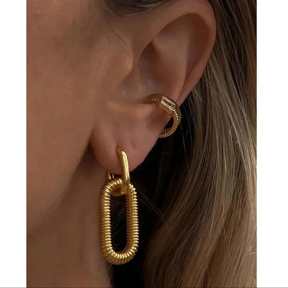 Anthropologie Bohemian Stainless Steel Silver Buckle Hoop Hollow Drop Earrings - Picture 14 of 17